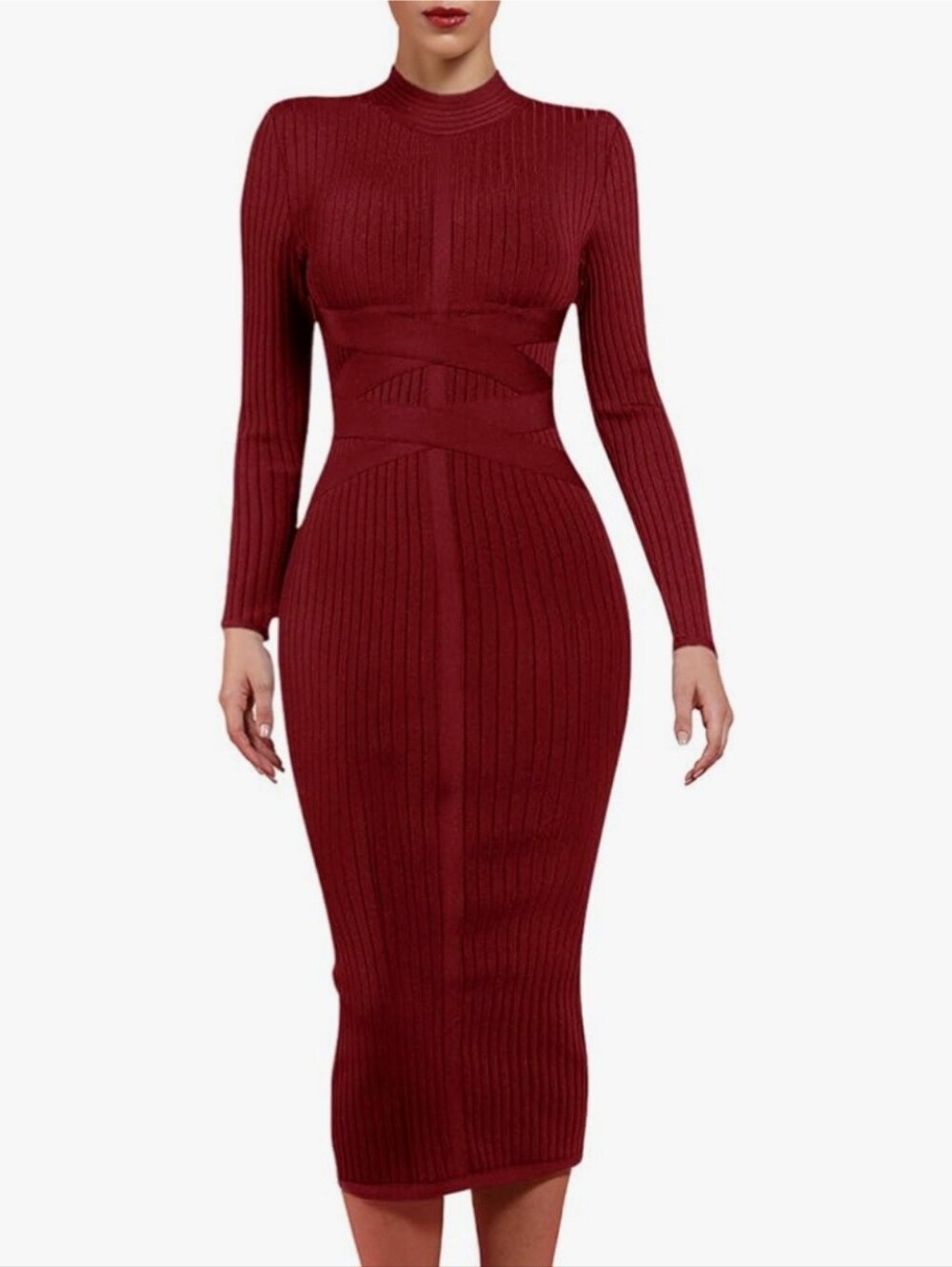 Bodycon Bondage Ribbed Long-Sleeve Midi Dress - Burgundy